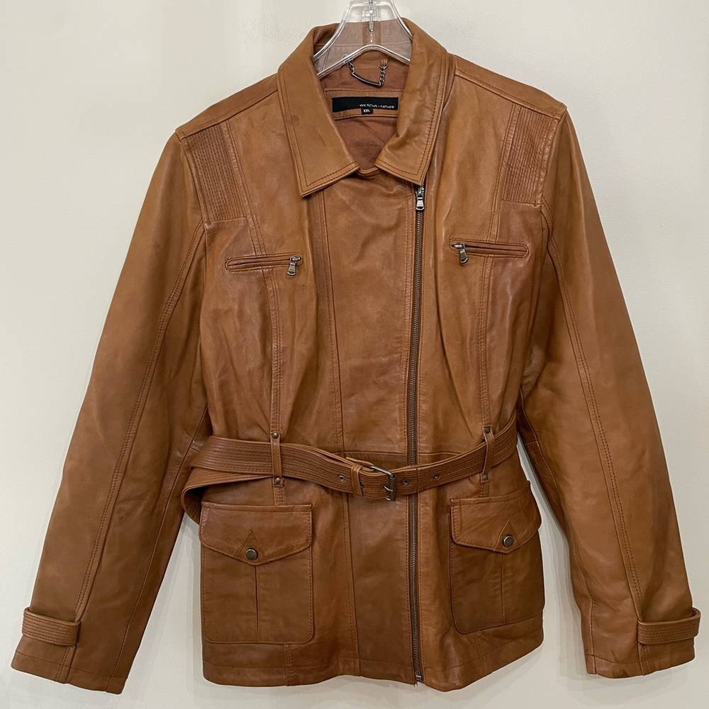 Wilsons Leather Genuine Soft Light Brown Zip Up Y2K Belted Coat Women’s Sz XXL